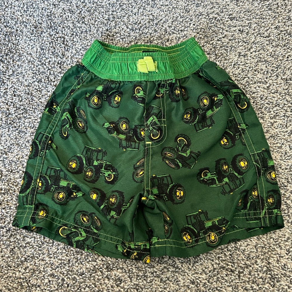 Green Tractor Print Kids Swim Trunks
